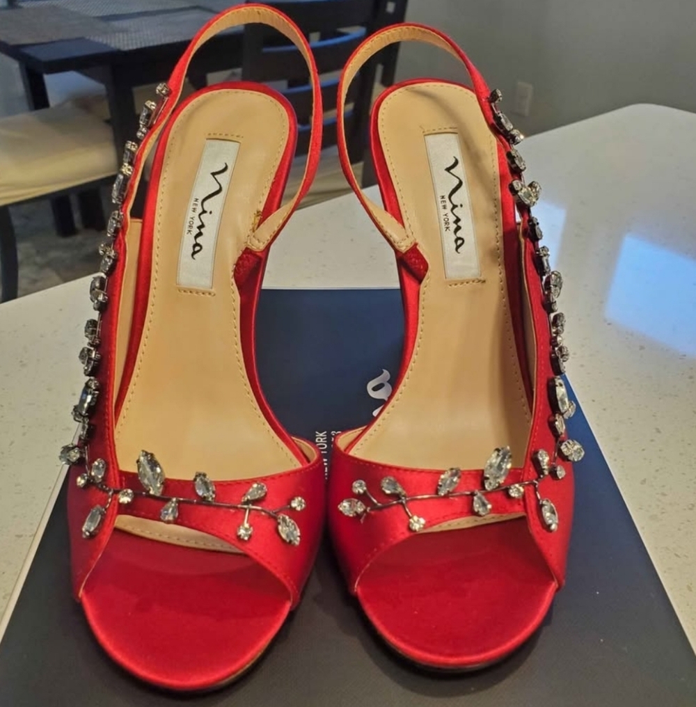 Nina Red/Scarlet Satin Embellished Slingback Heels